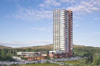 design modern high rise building, office tower rendering, topo landscape layout