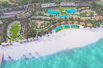 render beachfront community masterplan, coastal event space,3d resort courtyard