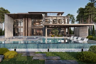 retrofit luxury modern villa exterior,pergola roof,glass facade,open plan render