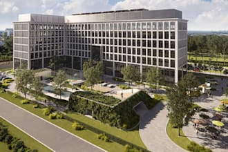 renovate old facade structure, commercial building render, office complex design
