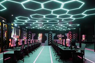 do 3d game arcade design, game lounge, arcade game room, game center design