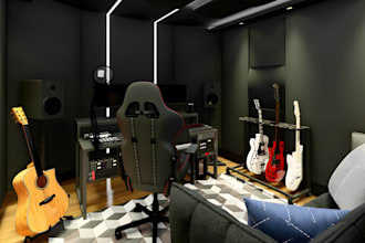 design 3d studio space for streaming, recording,  media and podcast