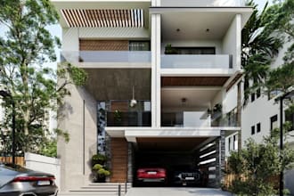 retrofit 3d detached duplex,private backyard pool,minimal exterior,garden render