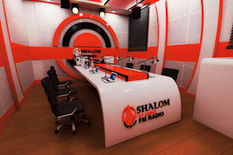 create a modern 3d radio studio, podcast, broadcast studio interior design