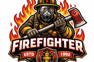 design high quality fire fighter mascot logo with t shirt design