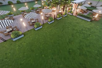 refurb3d restaurant exterior,outdoor dining,patio render,cafe design,cgi rooftop