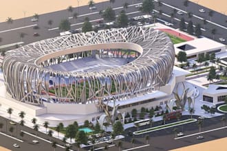 render 3d modern sport complex, stadium design,gaming facility, aerial landscape