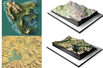3d shaded map relief model, topographic game landscape, sculpt 3d map terrain