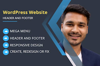 design wordpress header, footer, mega menu and fix responsive issues