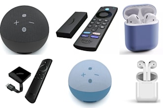 3d amazon product design, echo dot, fire tv stick, apple airpods pro for render
