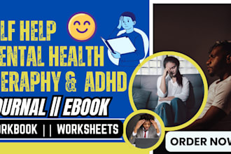 design mental health, self help journal workbook and therapy worksheets for KDP