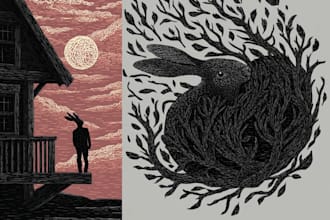 draw detailed dark art with woodcut or linocut style