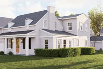 rdesign residential house, exterior design, 3d rendering, brick chimney, home