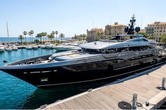luxury superyacht resilience,large beach club,sky lounge,outdoor cinema render