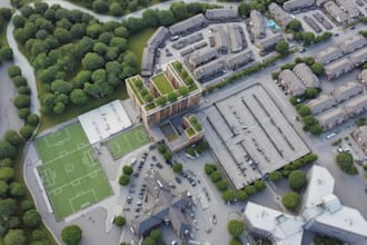 build real estate residence campus, city plan, aerial view, suburban area render