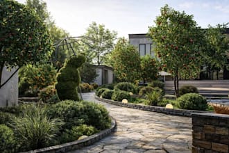 reimagine cgi apartment exterior, landscape garden design, courtyard rendering