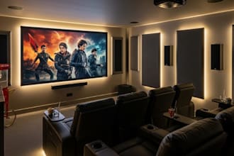 design photorealistic 3d realistic home theater, cinema home with 3d render