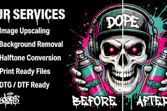 do image upscaling background removal halftones  dtg dtf print ready designs