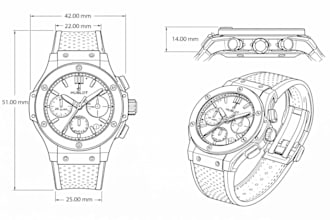 design custom 3d watch technical drawing, watch animation for manufacturing