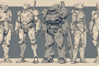 design any type of robot, cyborg, armor or mecha in line art