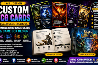 design custom tcg cards, board game rulebook, trading card game cards box design