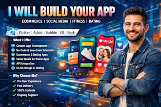 do ecommerce social media fitness dating app, flutter adalo bubble v0 rork app
