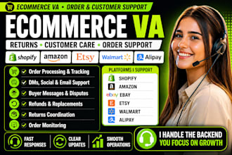 ecommerce VA, shopify, amazon, etsy, walmart, alipay, returns, customer care