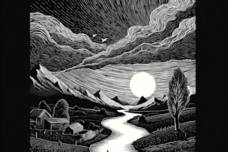design custom linocut illustrations in vintage print style