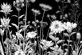 draw botanical illustration of flowers, plants, line art