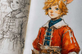 make a digital watercolor ffxiv character art or furry