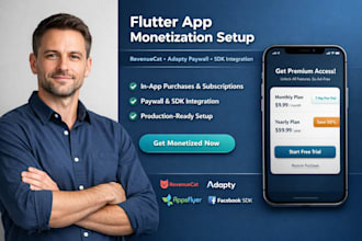 design and integrate revenuecat, appsflyer, adapty paywall, sdk into flutter app