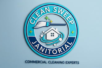 make clean house janitorial, commercial cleaning service or maid logo