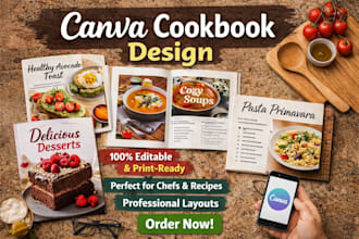 design a stunning canva cookbook, recipe book with print ready and editable file