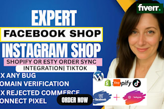 set up facebook shop, tiktok, instagram shop, fix meta pixel, shopify and etsy