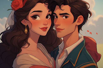 paint a romantic couple portrait in watercolor style