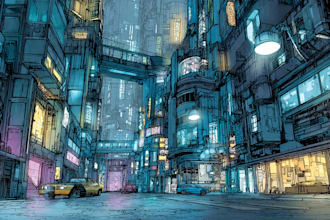 draw illustration of futuristic cyberpunk city