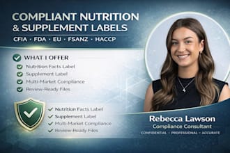 create cfia, haccp, fda, eu fsanz compliant nutrition facts and supplement label