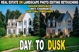 real estate landscape photo edit, change sky grass, day to dusk virtual twilight
