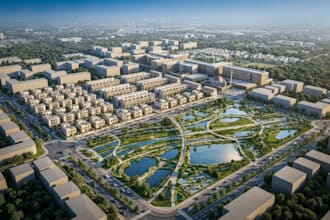 cgi urban masterplan, community housing,3d sponge city concept, townhouse render