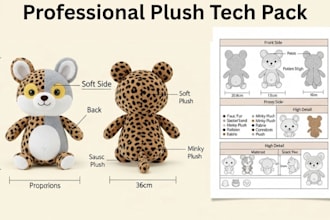 design custom plush toy characters with detailed reference sheets and tech packs