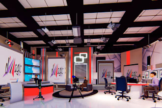 design 3d radio studio, podcast studio, broadcast studio designs