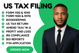 do US tax return, irs tax filing, form 1120,1040, 1065, 5472, itin, bookeeping