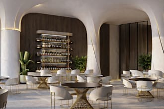 restyle modern commercial space, interior layout, 3d restaurant hotel rendering