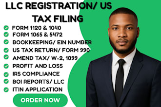 do US tax filing, llc registration, boi reports, ein number, tax id, bookeeping