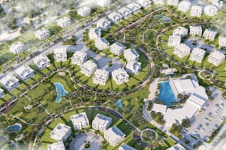 render 3d aerial view housing, townhouse community, landscape, cgi central parks