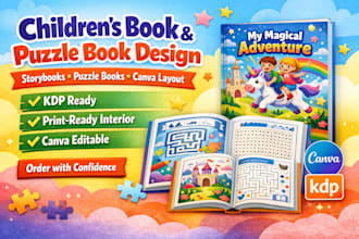 design format childrens story book or puzzle book with illustrations in canva