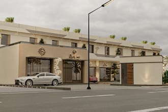 render 3d mixed use building,exterior view,flat roof,commercial area,parking lot