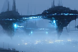 create cinematic sci fi city illustrations