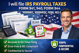 file irs payroll taxes form 941, 940, form 944, 1099nec, 1099misc, 1096, w2, w9