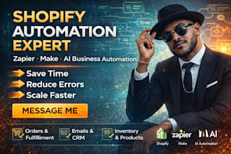 build shopify automation,zapier workflows,make automation,ai business automation